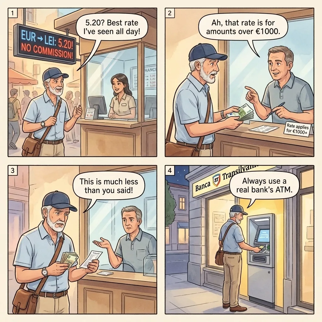 Currency Exchange Bait-and-Switch — comic illustration