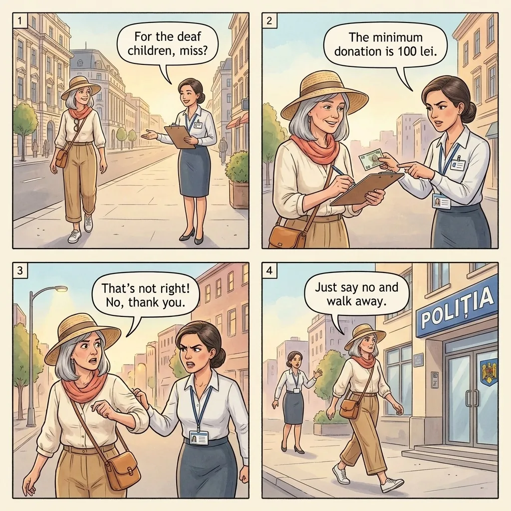 Fake Charity / Petition Scam — comic illustration