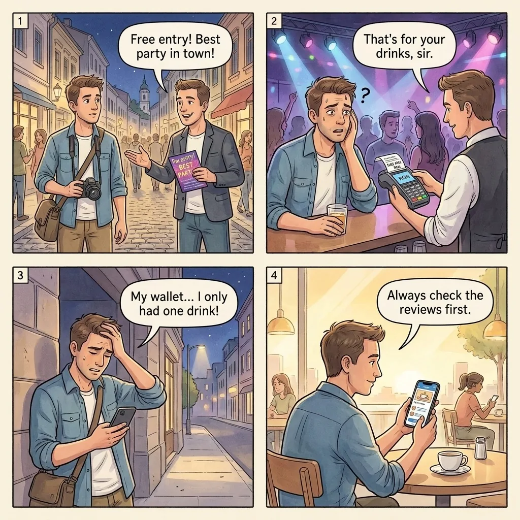 Nightclub Drink Spiking and Overcharging — comic illustration
