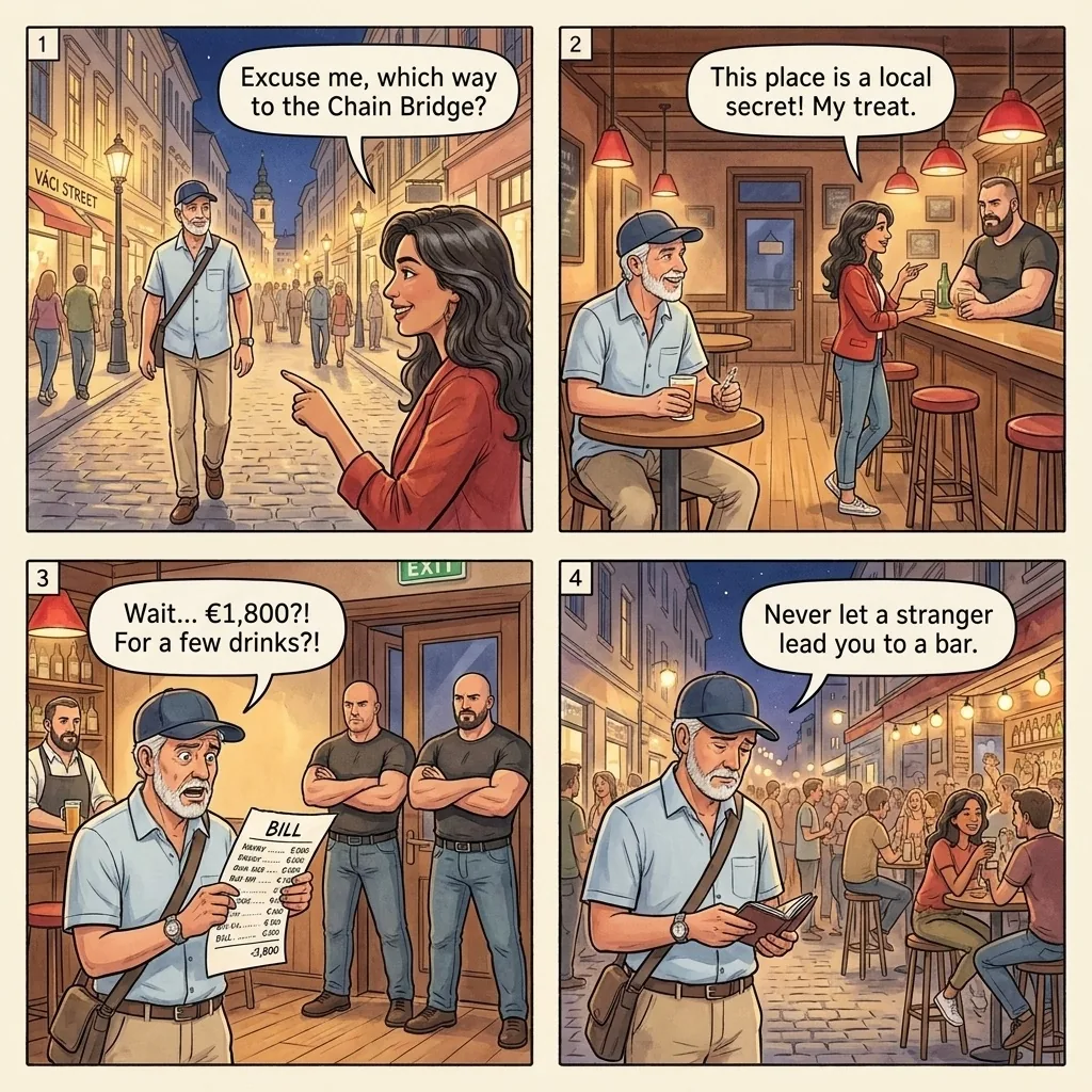 The Váci Street Honey-Trap Bar Bill — comic illustration