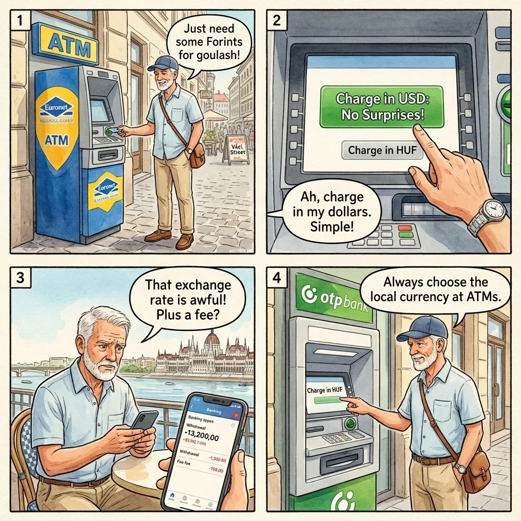 The Euronet ATM Dynamic Currency Conversion — comic illustration