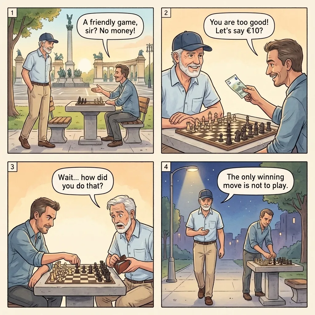 The City Park Chess-Hustler Stake Escalation — comic illustration
