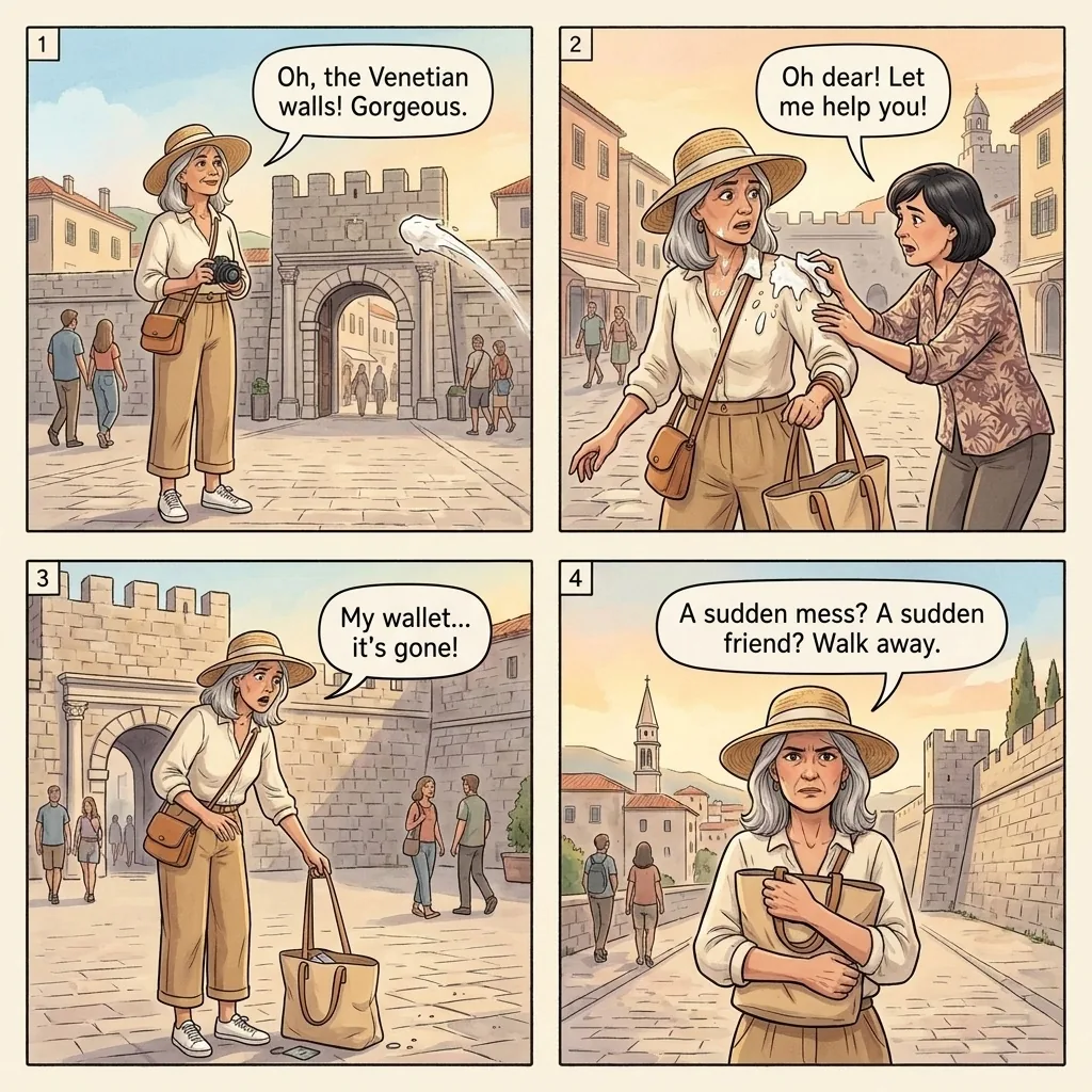 The Budva Old Town White-Paste Distraction Pickpocket — comic illustration