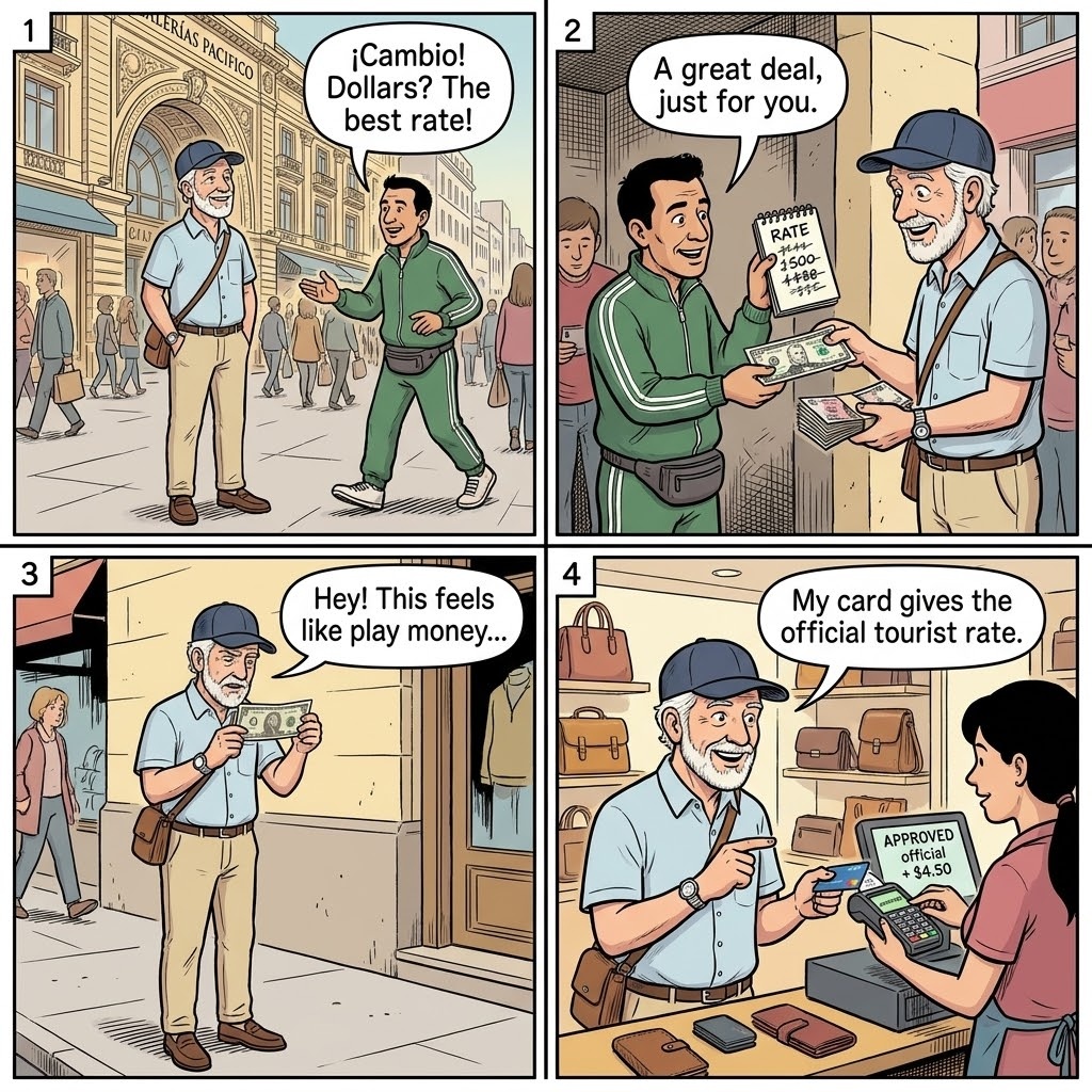 Buenos Aires Florida Avenue cambio counterfeit peso scam comic: arbolito tout calls out exchange rate to tourist on pedestrian shopping strip, redirects to upstairs cueva for counterfeit-mix swap