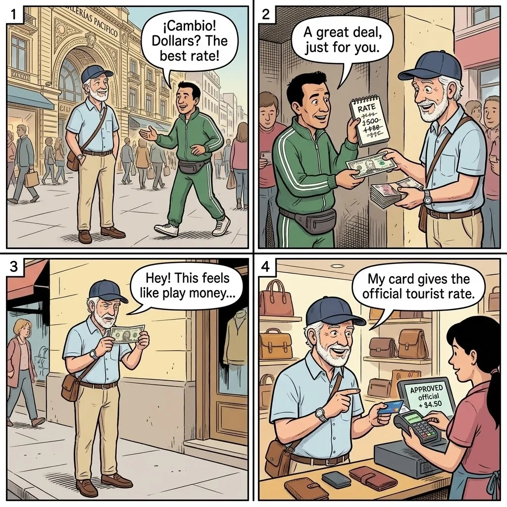 Florida Avenue 'Cambio!' Touts & Counterfeit Peso Exchange — comic illustration