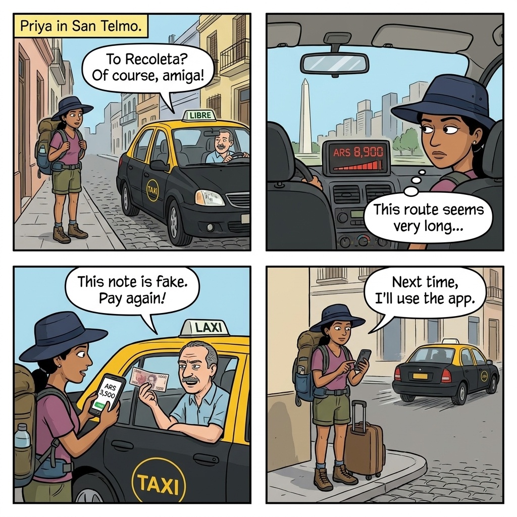 Buenos Aires taxi 'tachero' scam comic — cloned meter and counterfeit-bill swap on a San Telmo to Recoleta ride at midnight