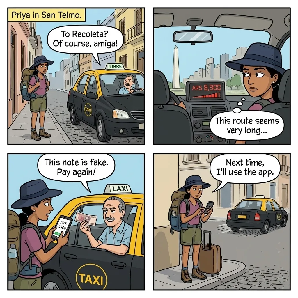 Buenos Aires Taxi 'Tacheros Estafadores' — Cloned Meter, Long Route, S — comic illustration