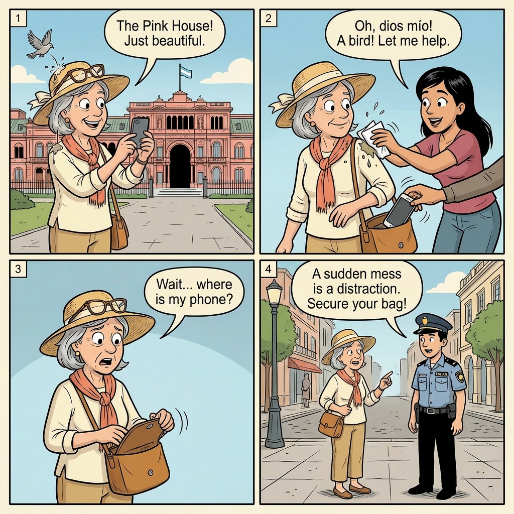 Buenos Aires Microcentro bird-poop mustard distraction comic, tourist couple on Avenida 9 de Julio with mustard on the shoulder while a helpful stranger offers napkins