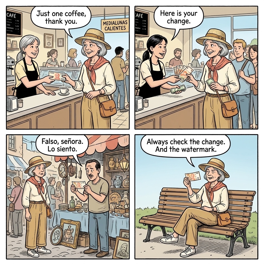 Buenos Aires counterfeit peso bills returned as change scam comic — small-shop cashier hands back fanned stack of 1,000- and 2,000-peso notes with three counterfeits mixed in