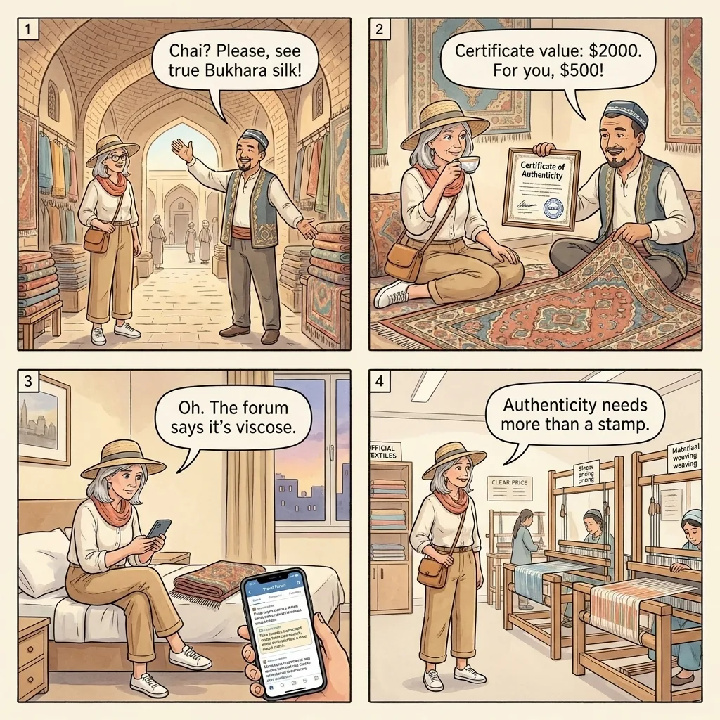 The Bukhara Trading-Dome Silk-Carpet 'Certificate' Inflation — comic illustration