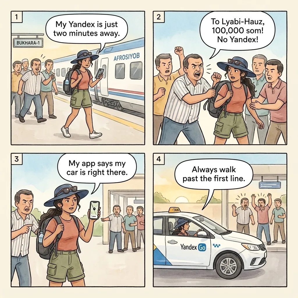 The Bukhara-1 Station Taxi-Mafia Overcharge — comic illustration