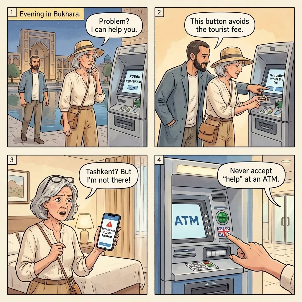 The Lyabi-Hauz ATM-Helper Card-Skimmer — comic illustration