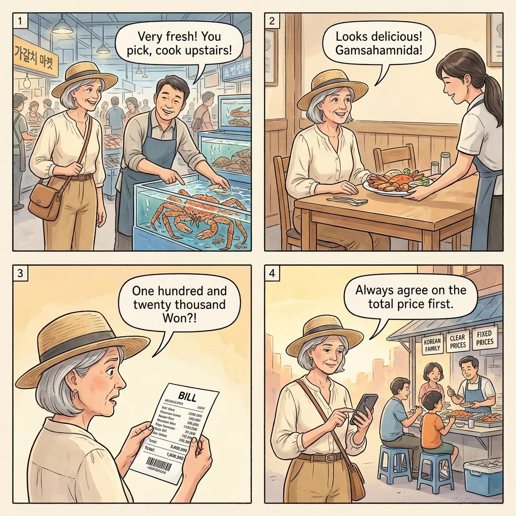 The Jagalchi Market Seafood Overcharge — comic illustration