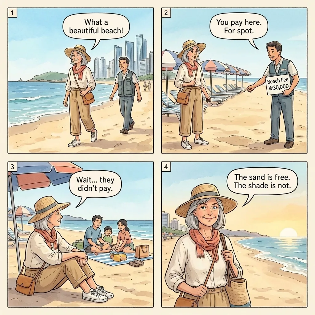 The Haeundae Beach Umbrella Charge — comic illustration