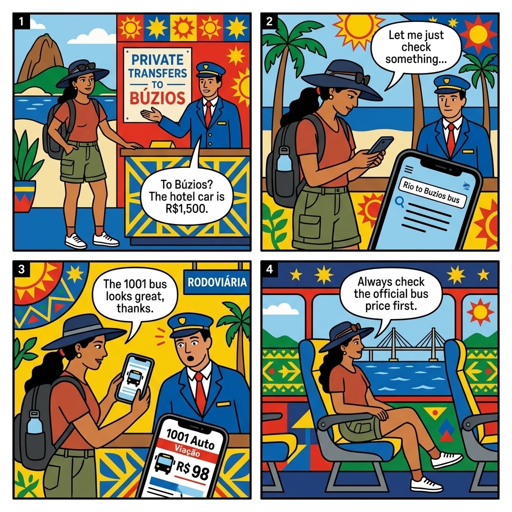 Rio-to-Búzios Private Transfer Overcharge & 1001 Bus Alternative — comic illustration