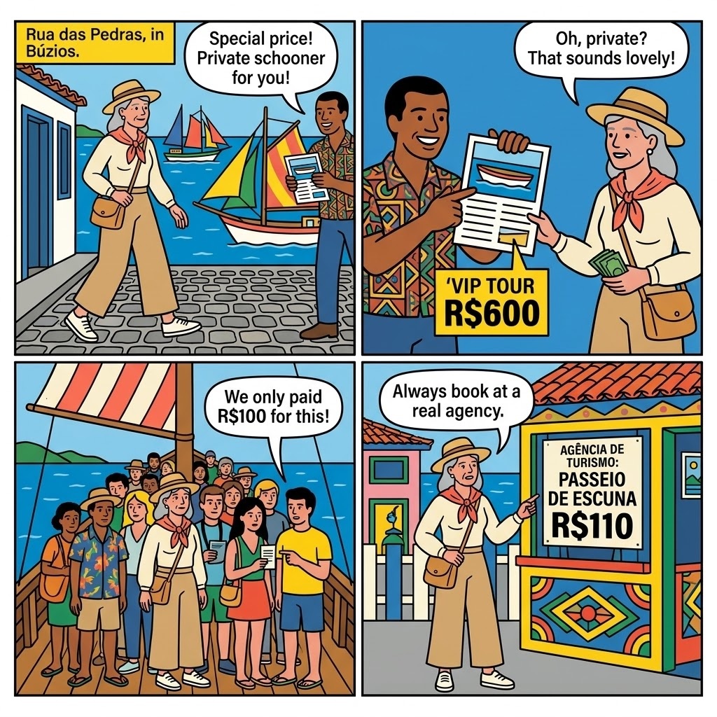 Búzios Beach-Hopping Schooner Tour Overcharge & Unlicensed Operators — comic illustration