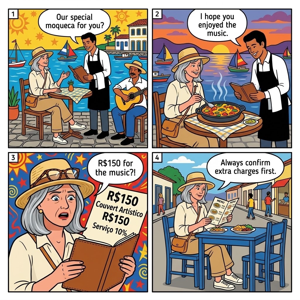 Búzios Rua das Pedras Restaurant Tourist-Menu & 'Couvert Artístico' Bill-Padding — comic illustration