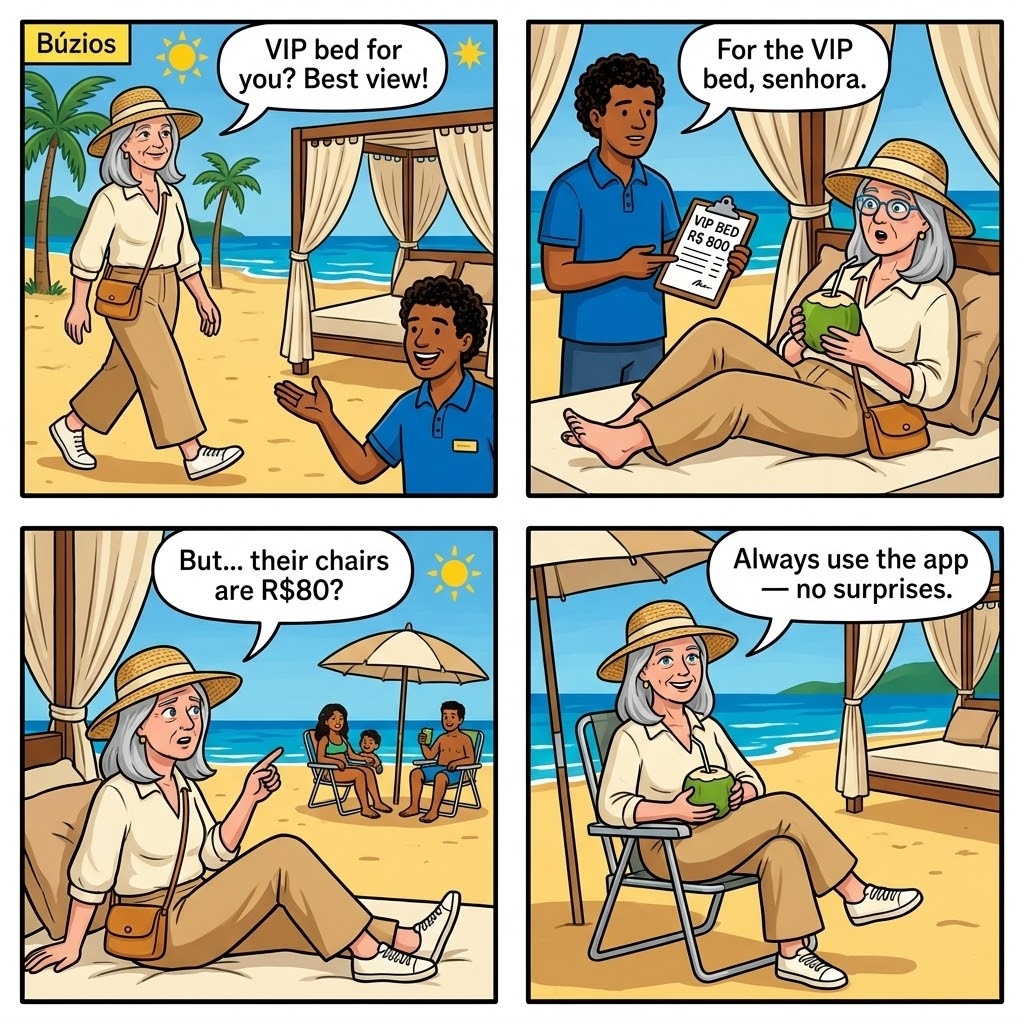 Búzios Beach Vendor & 'VIP Beach Bed' Upcharge at João Fernandes / Geribá — comic illustration