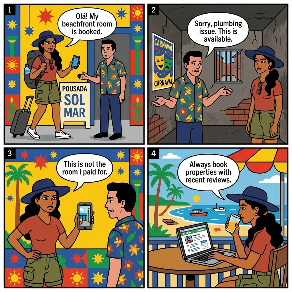 Búzios Pousada / Airbnb Cancel-and-Relist Fraud at Carnaval & NYE — comic illustration