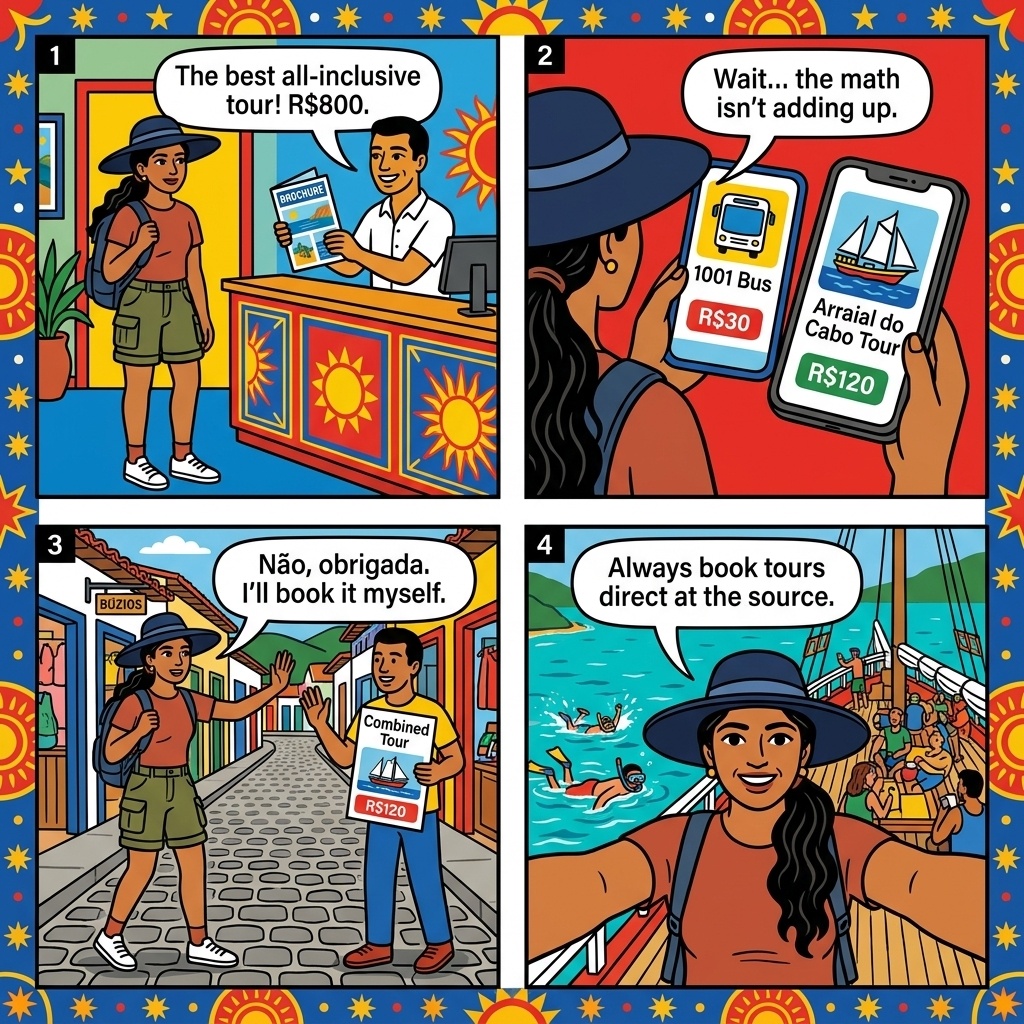 Búzios Day-Trip 'Arraial do Cabo' & 'Cabo Frio' Combined Tour Commission Scam — comic illustration