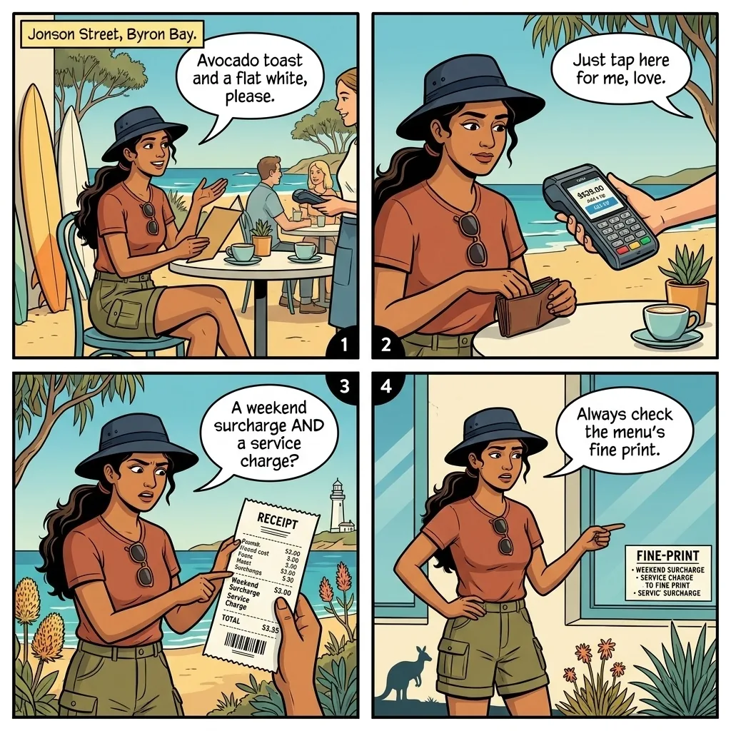 Byron Bay Weekend/Public Holiday Surcharge + Tipping Pressure Stack — comic illustration