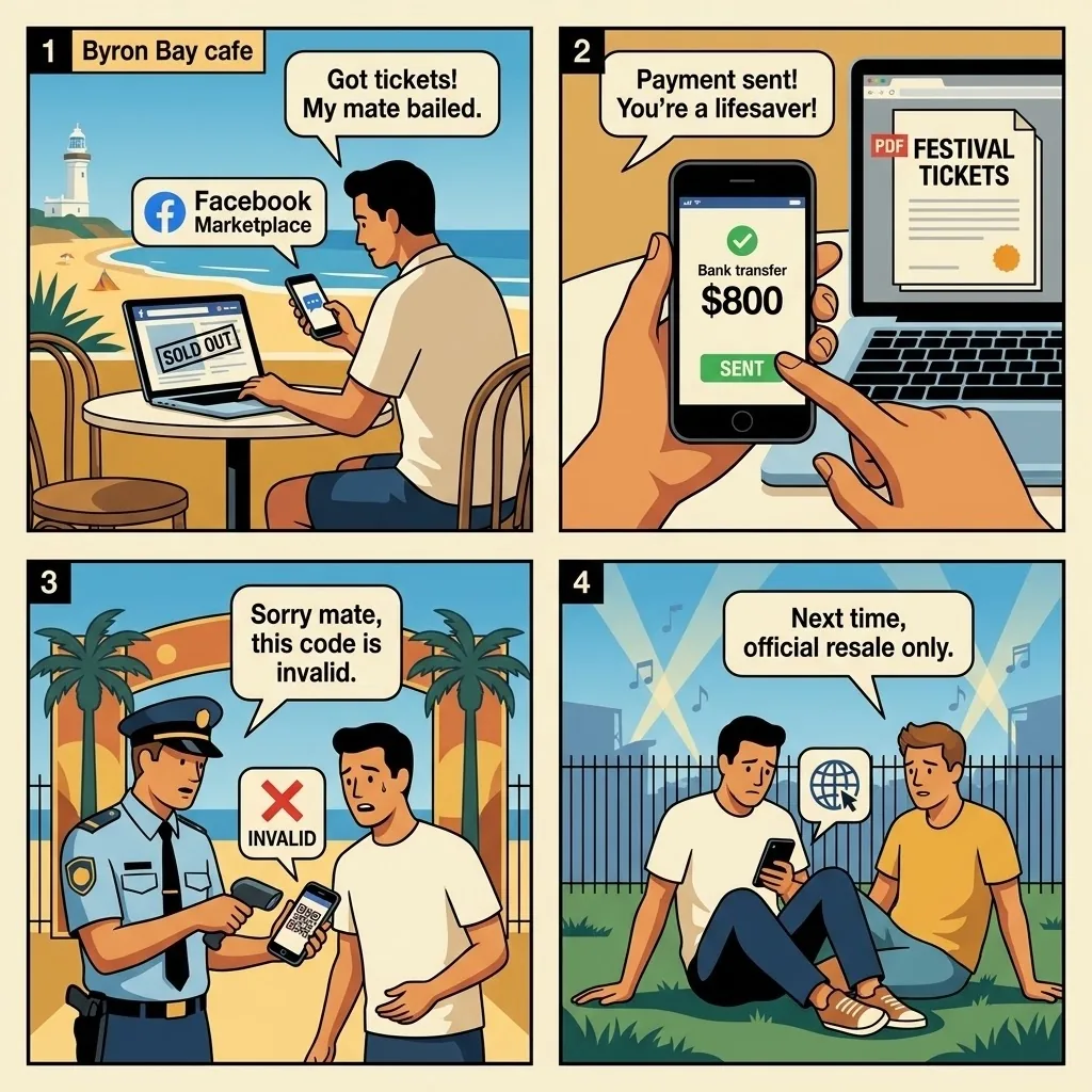 Bluesfest / Splendour in the Grass Ticket Resale Fraud — comic illustration