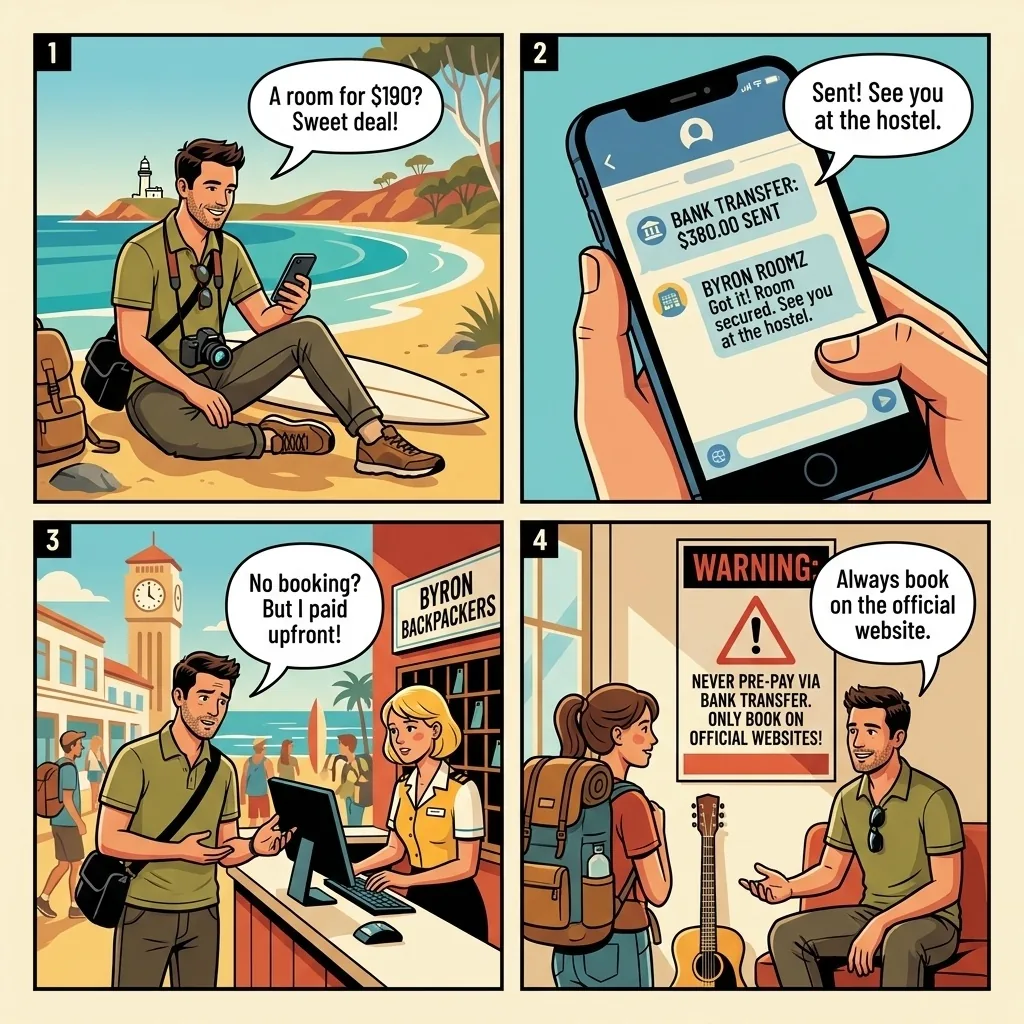 Byron Backpacker Hostel & Sharehouse Prepay Scam — comic illustration