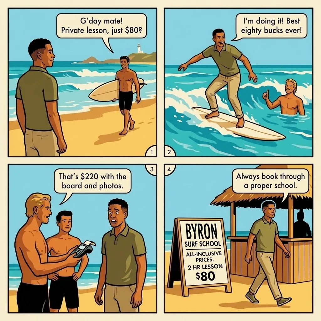 Informal Surf Lesson & Stand-Up Paddle Overcharge — comic illustration