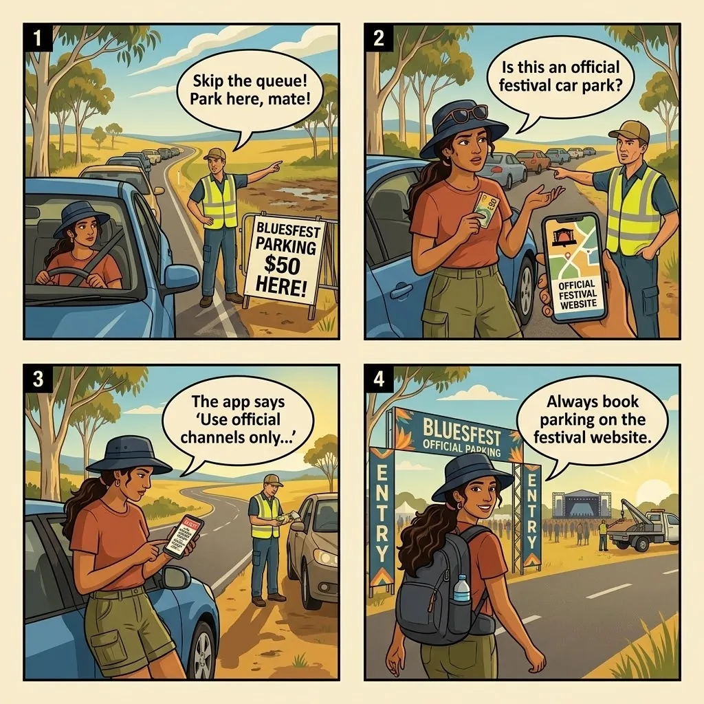 Festival 'Private Parking' & Camping Access Scam — comic illustration
