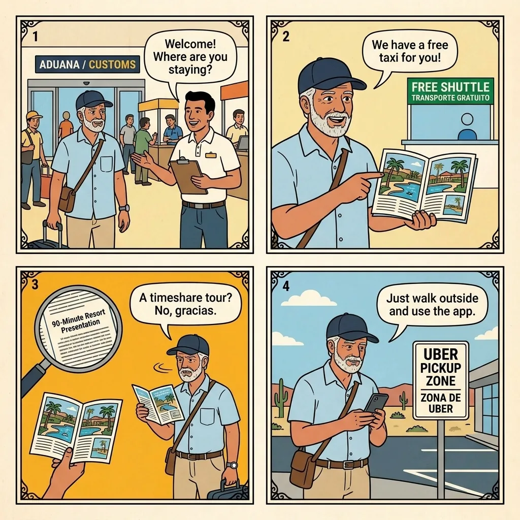 SJD Airport 'Shark Tank' Timeshare Ambush — comic illustration