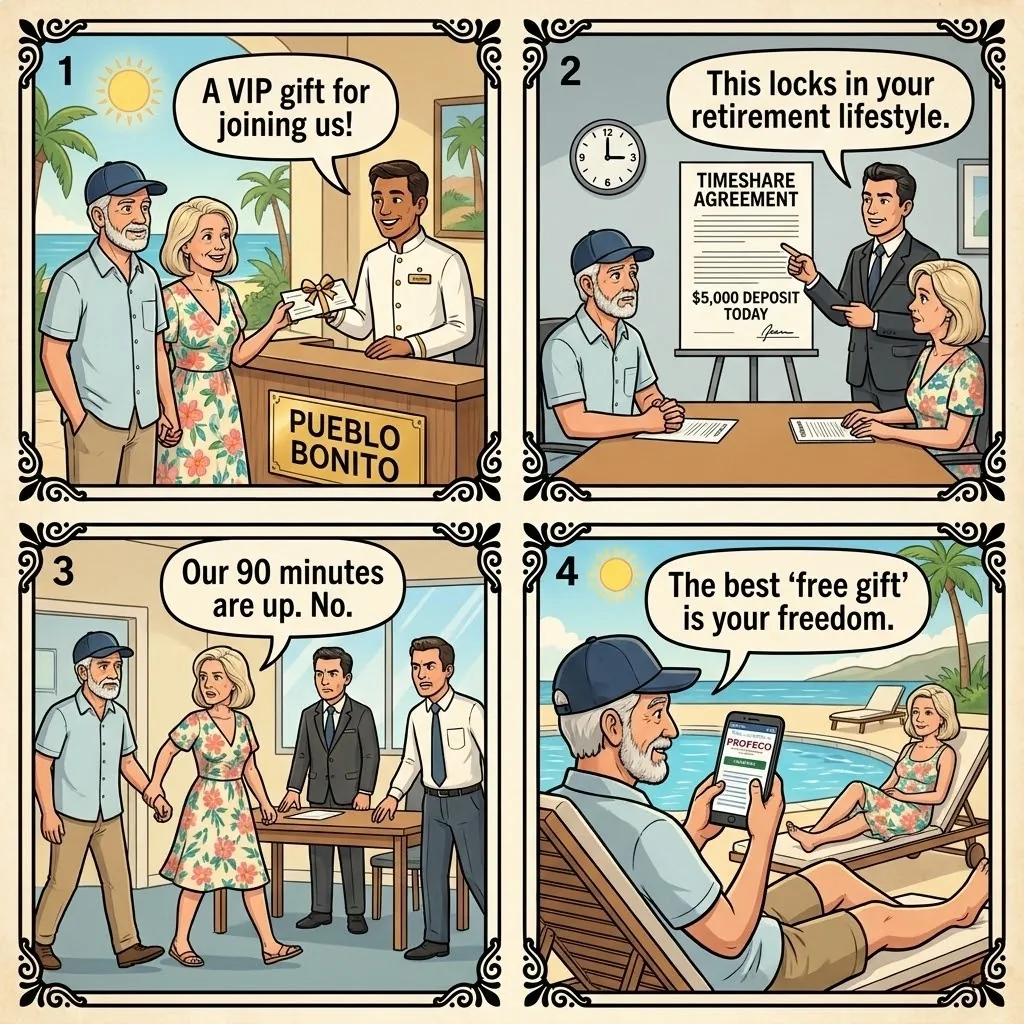 Pueblo Bonito Timeshare Pressure Pitch — comic illustration
