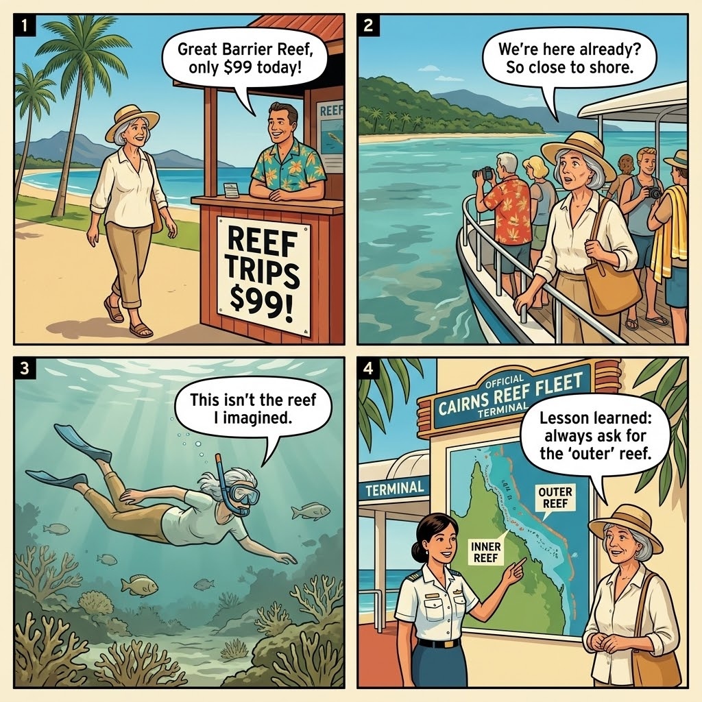 Cairns Australia outback rental car comic, tourist on red-dirt unsealed road with kangaroos, then agent on return claiming insurance void due to unsealed-road driving