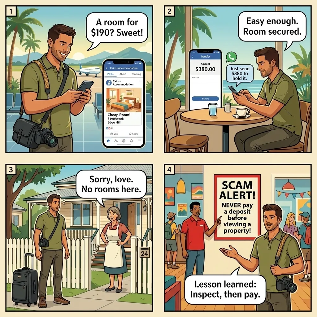 Cairns Esplanade Backpacker Prepay Trap — comic illustration