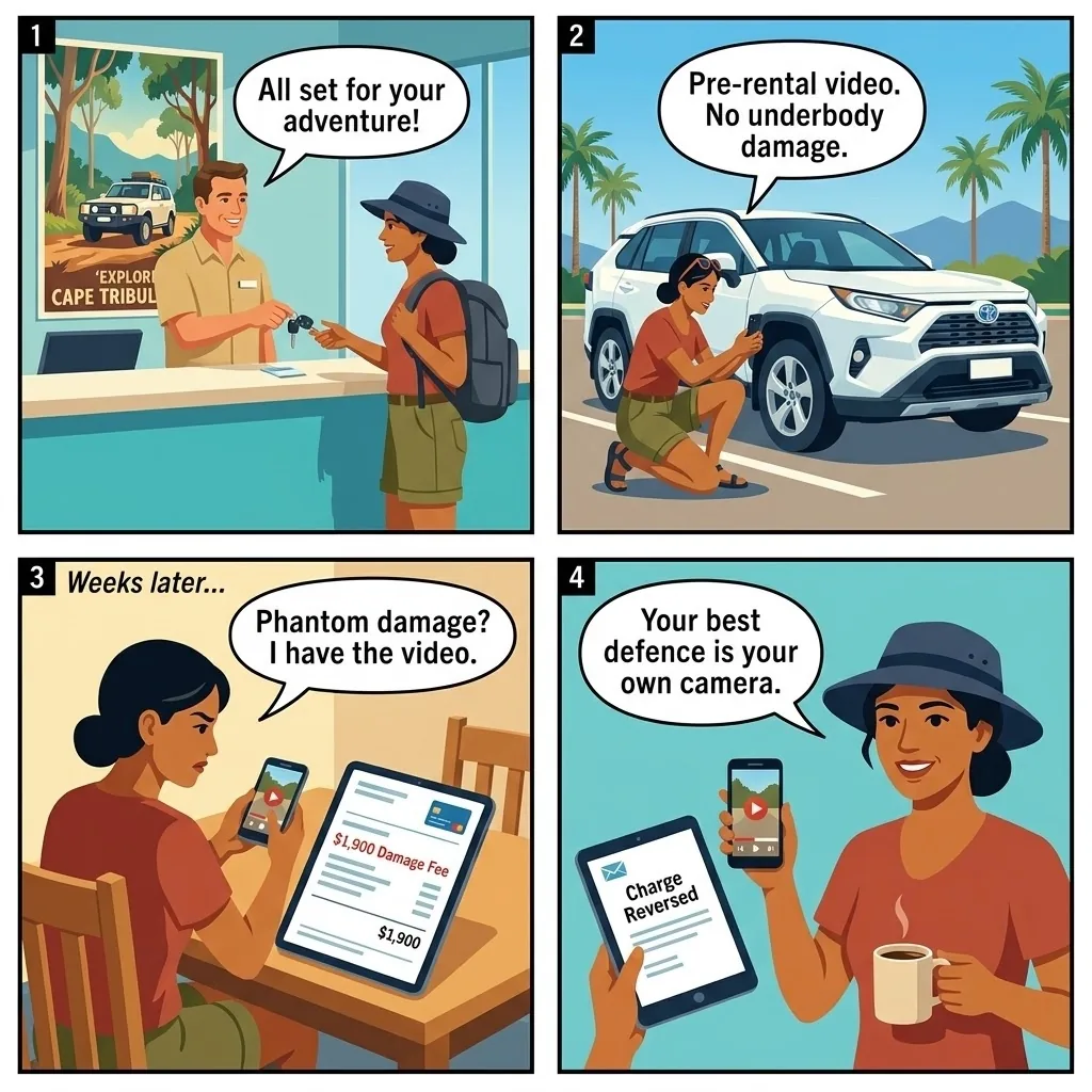 Rental Car Phantom Damage Charge — comic illustration