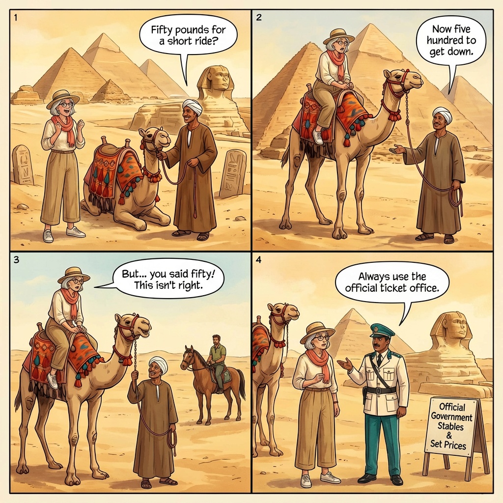 The Camel-Ride Hostage at Giza — comic illustration