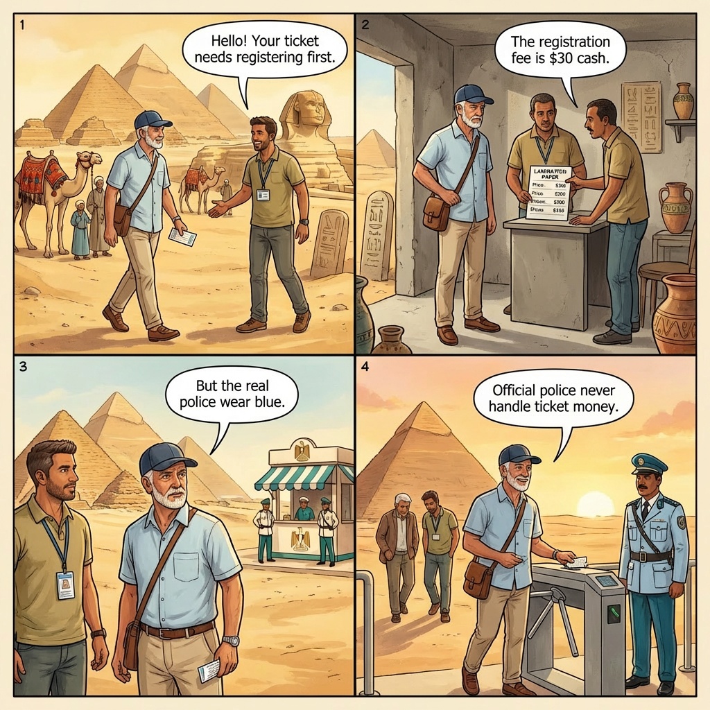 Cairo Giza Pyramid horseback fake-tour-guide comic, tourist on a camel at the Pyramid base while the guide demands additional cash mid-trail far from the entrance