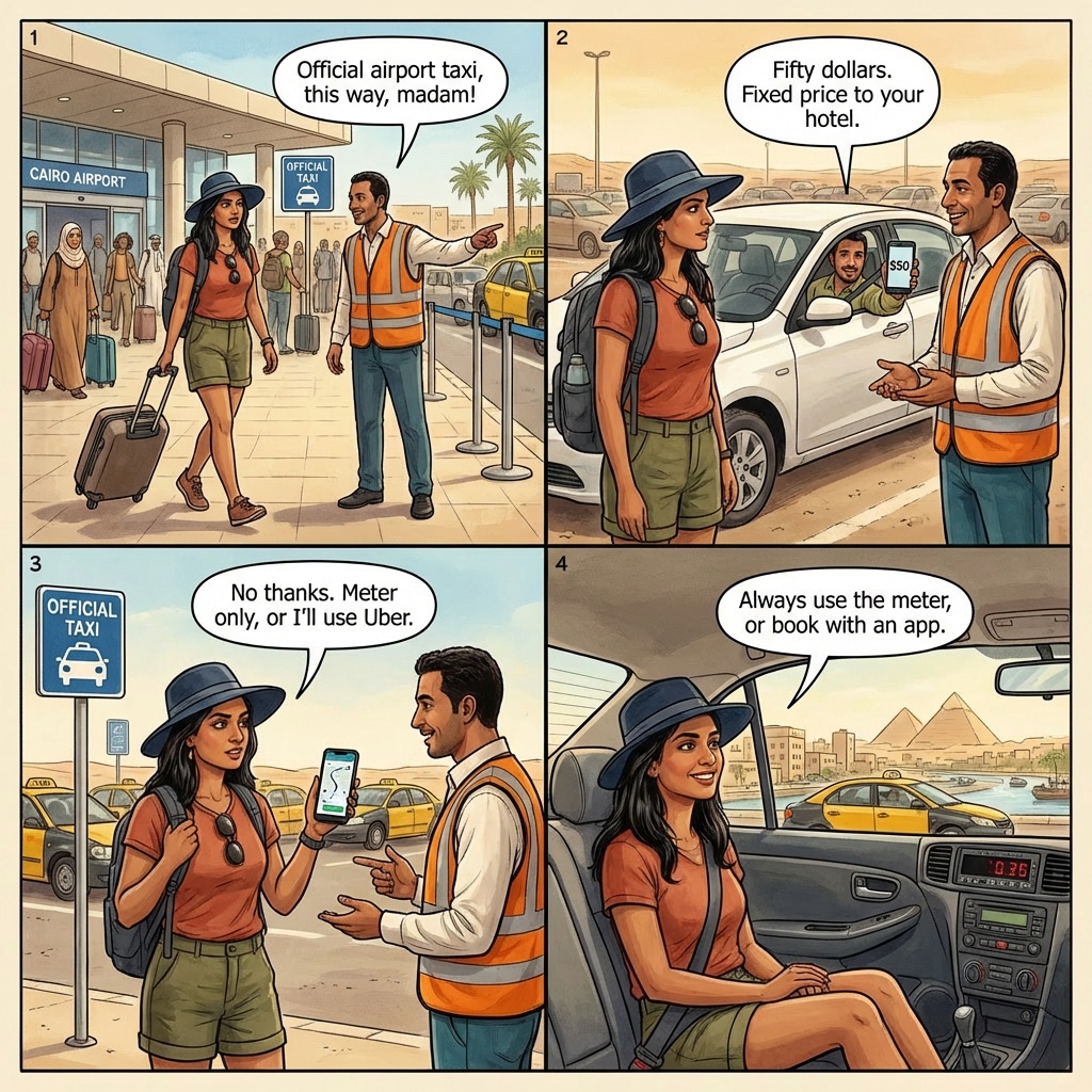 Cairo taxi no-meter extortion comic — white-and-black taxi, Corniche route to Marriott Zamalek, fare dispute at hotel curb