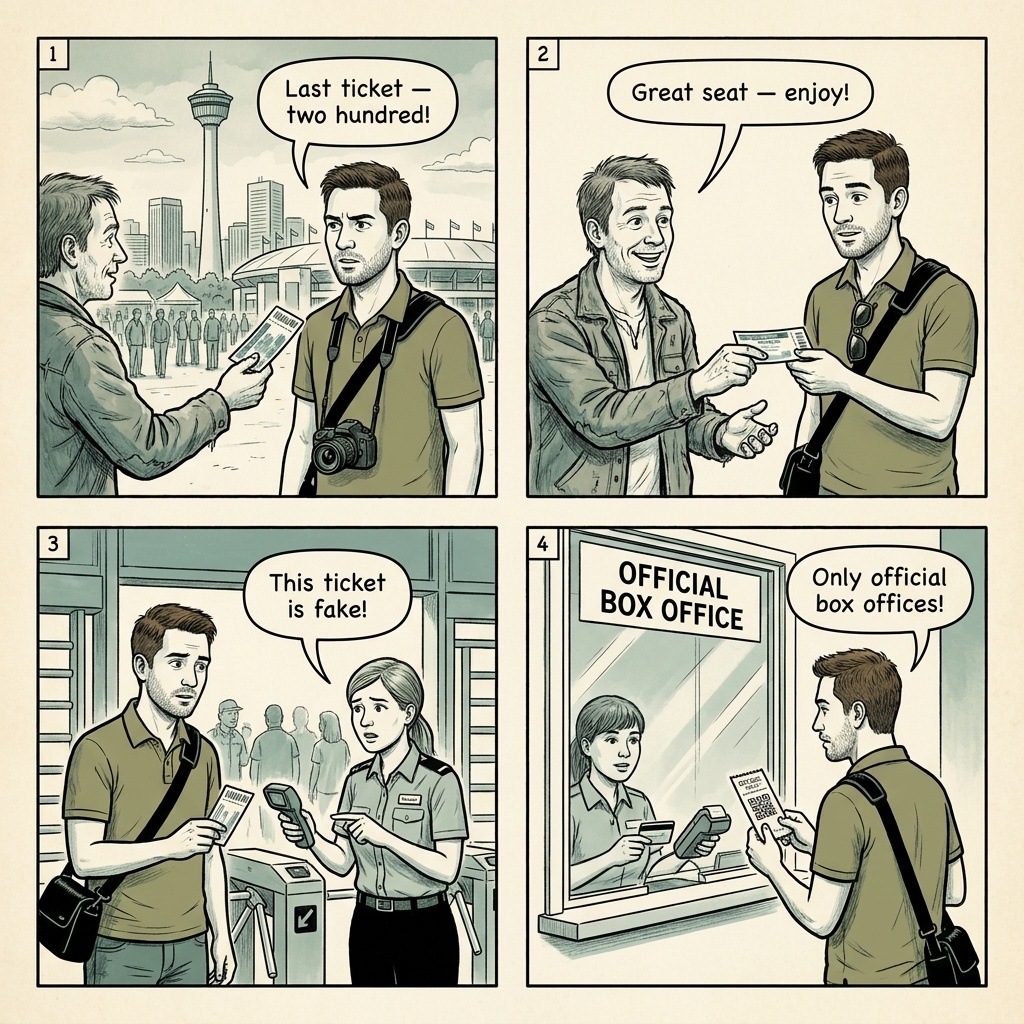 Calgary Stampede Ticket Scalper Online Fraud — comic illustration