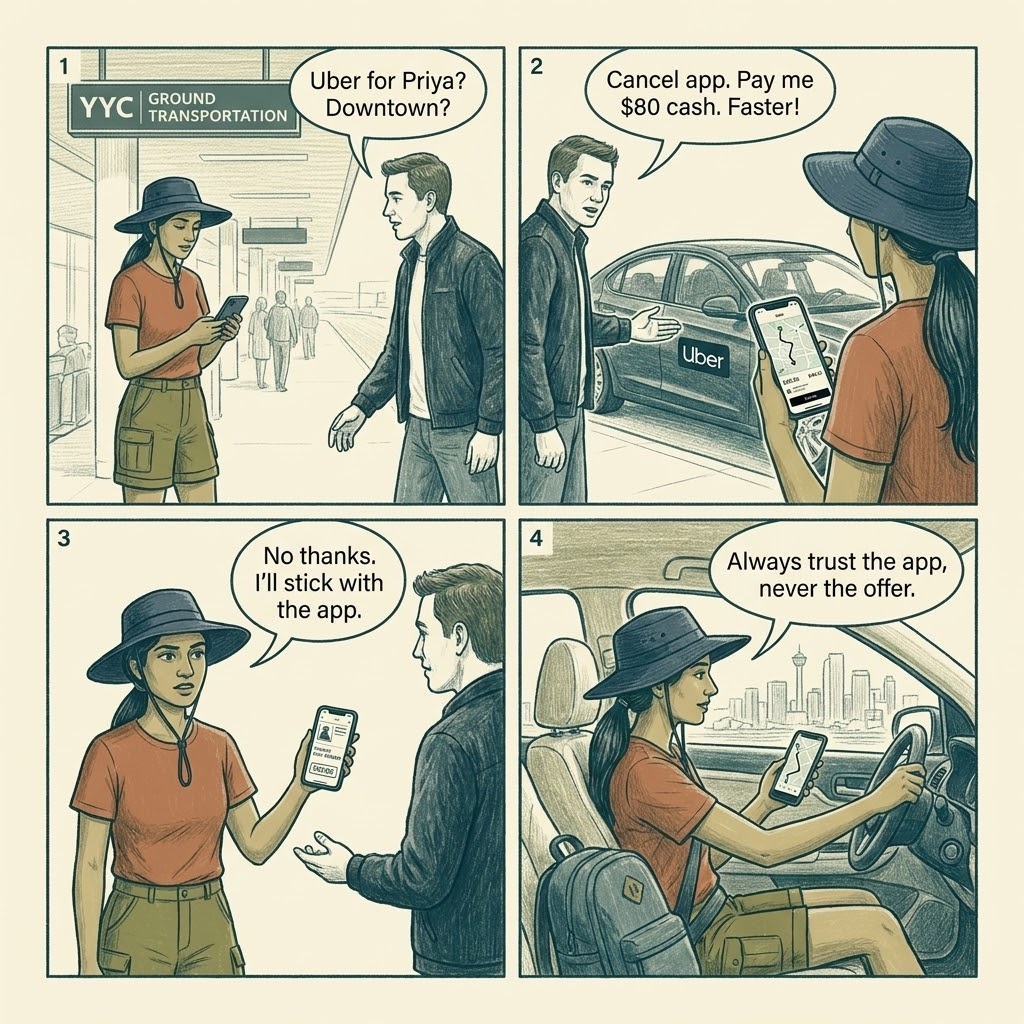 YYC Calgary International Airport Taxi & Uber Cancel-And-Cash Scam — comic illustration
