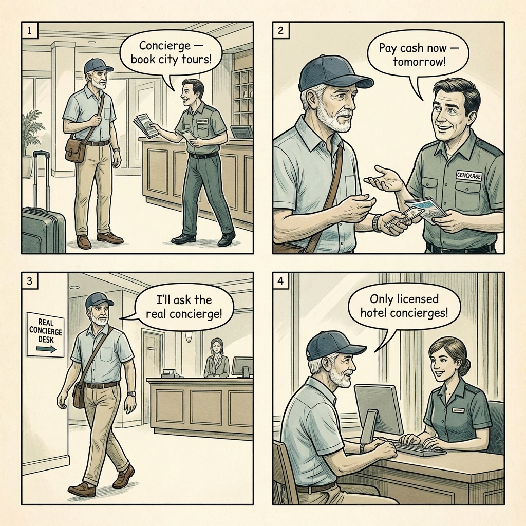 Calgary-to-Banff Hotel-Concierge Transfer & 'Private Tour' Markups — comic illustration