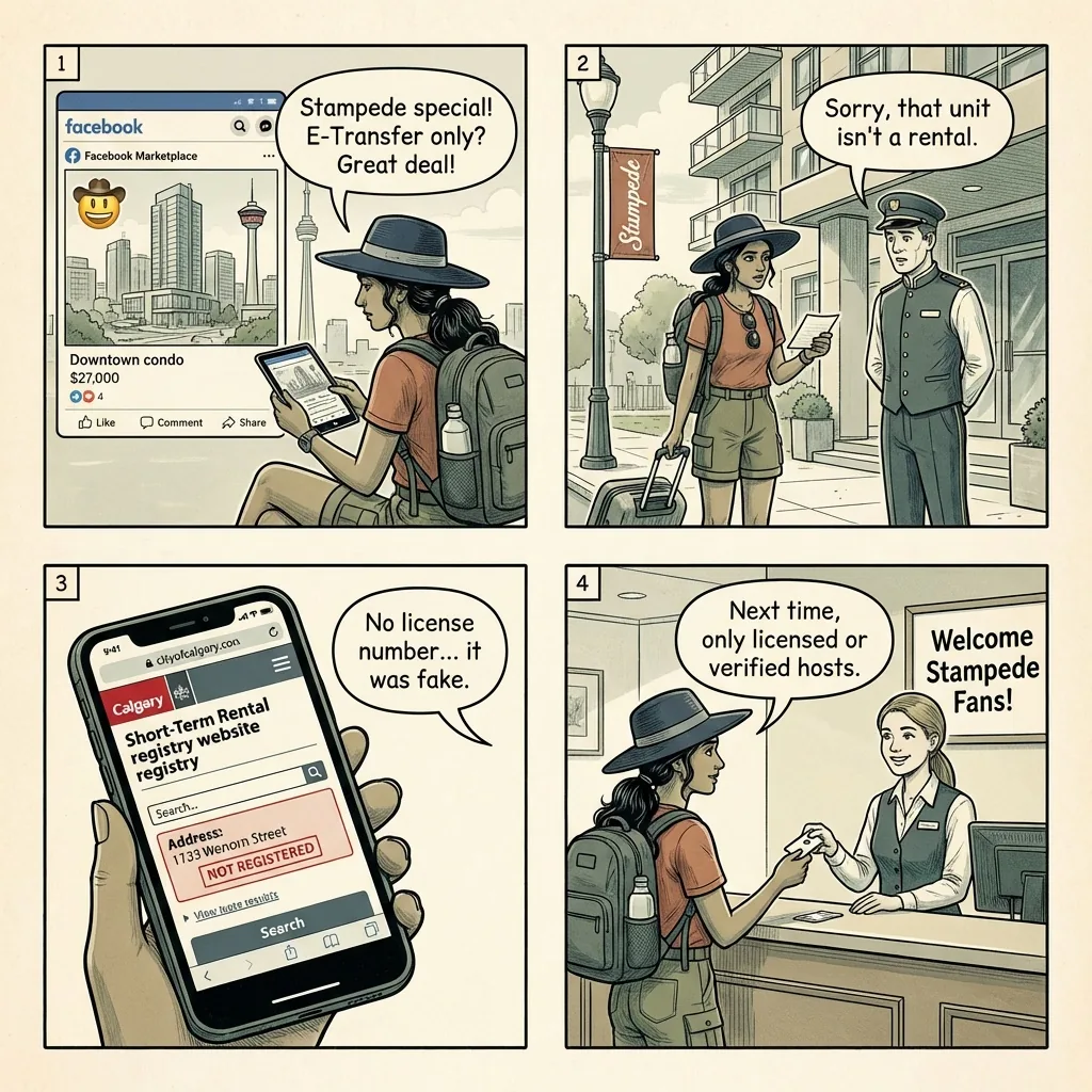 Calgary Vacation Rental & Stampede-Week Apartment Fraud — comic illustration