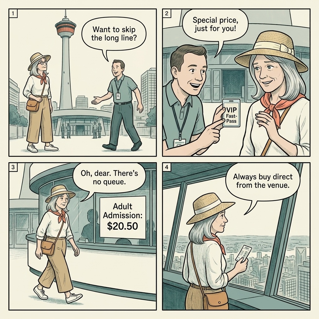 Calgary Tower & Heritage Park 'Skip-the-Line' Tout Pressure — comic illustration