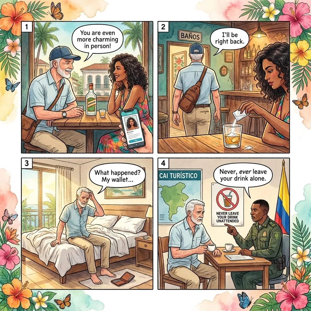 Scopolamine Drink Spiking via Dating App — comic illustration