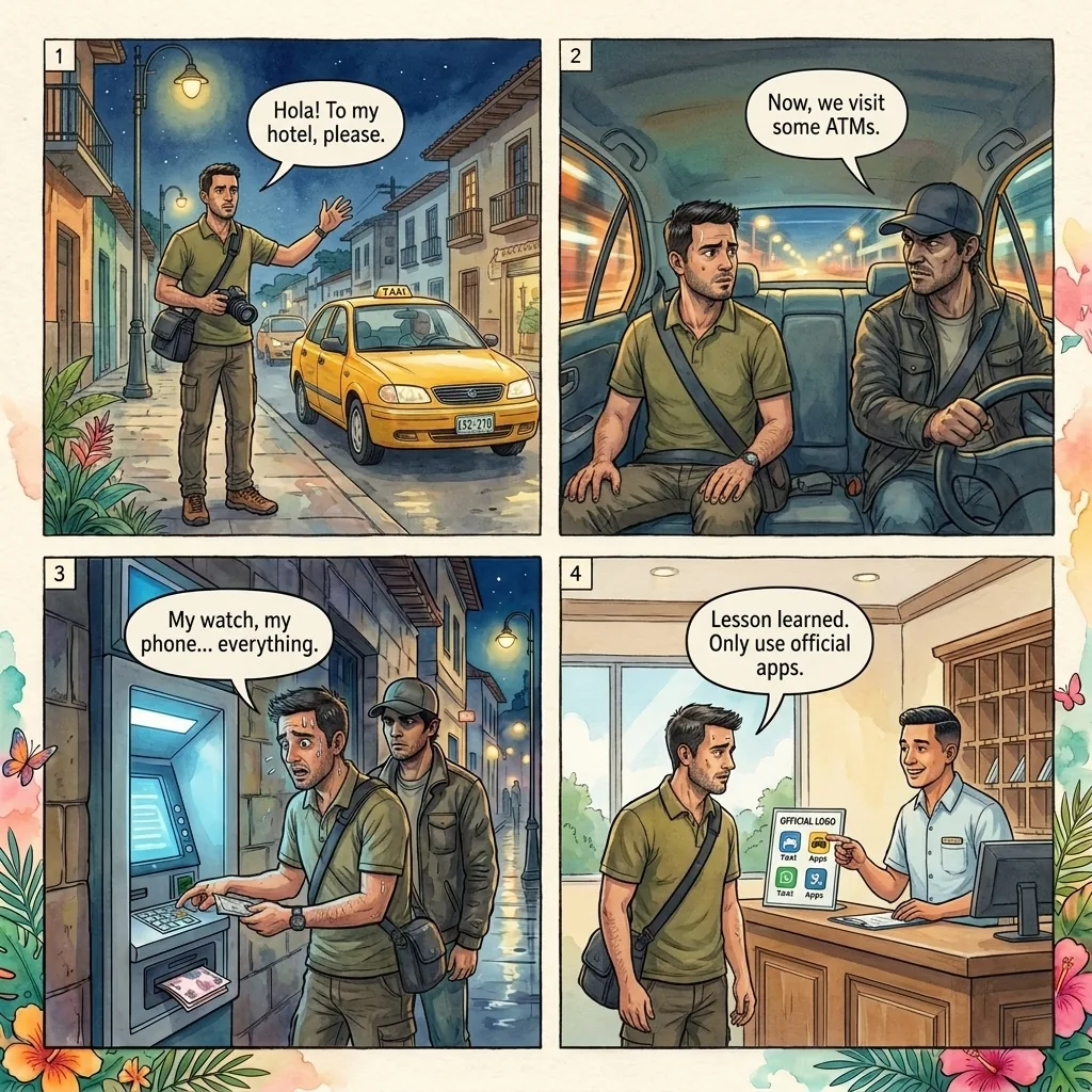 Paseo Millonario (Express Kidnapping by Street Taxi) — comic illustration
