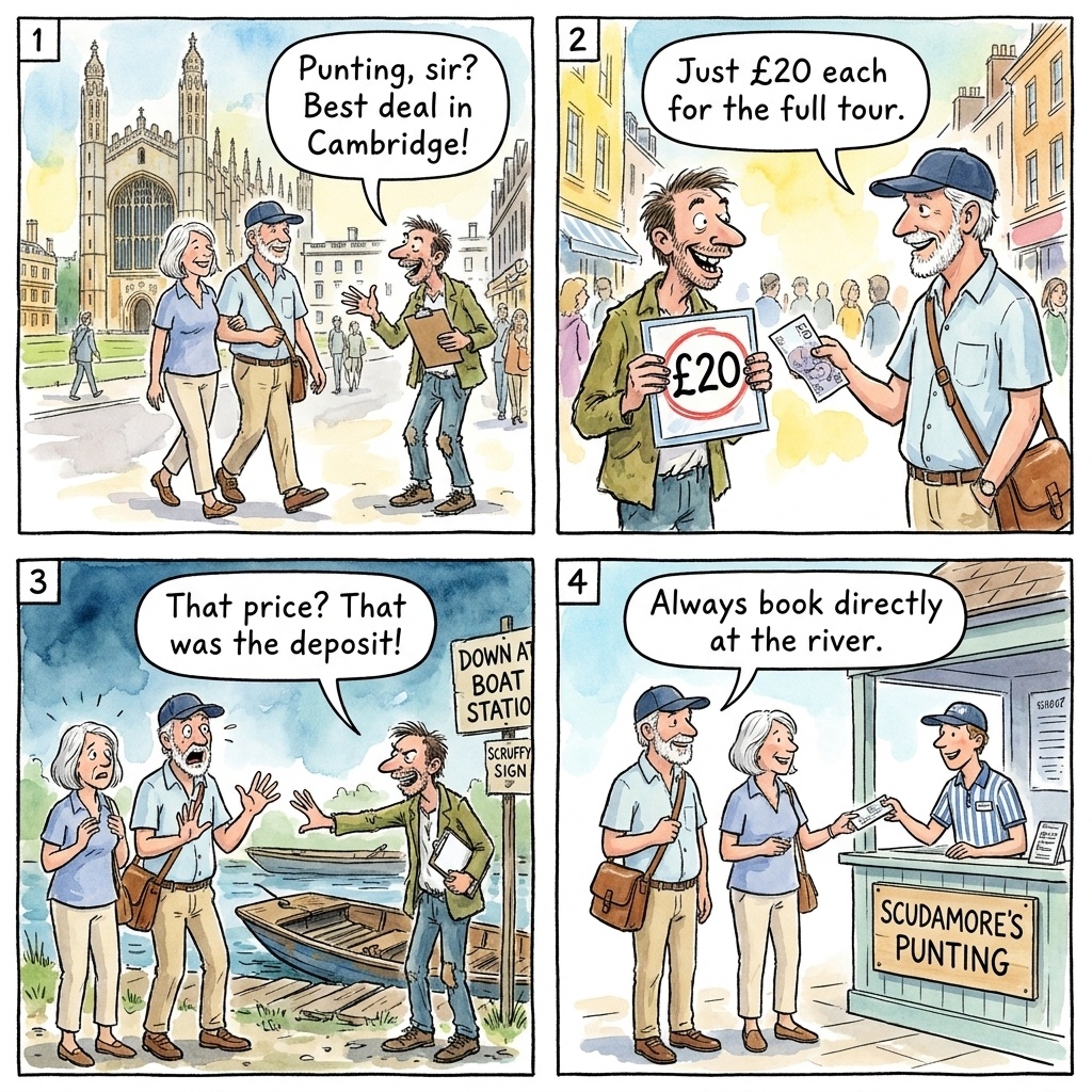 Cambridge Punt-Tout Harassment at Magdalene Bridge & King's Parade — comic illustration