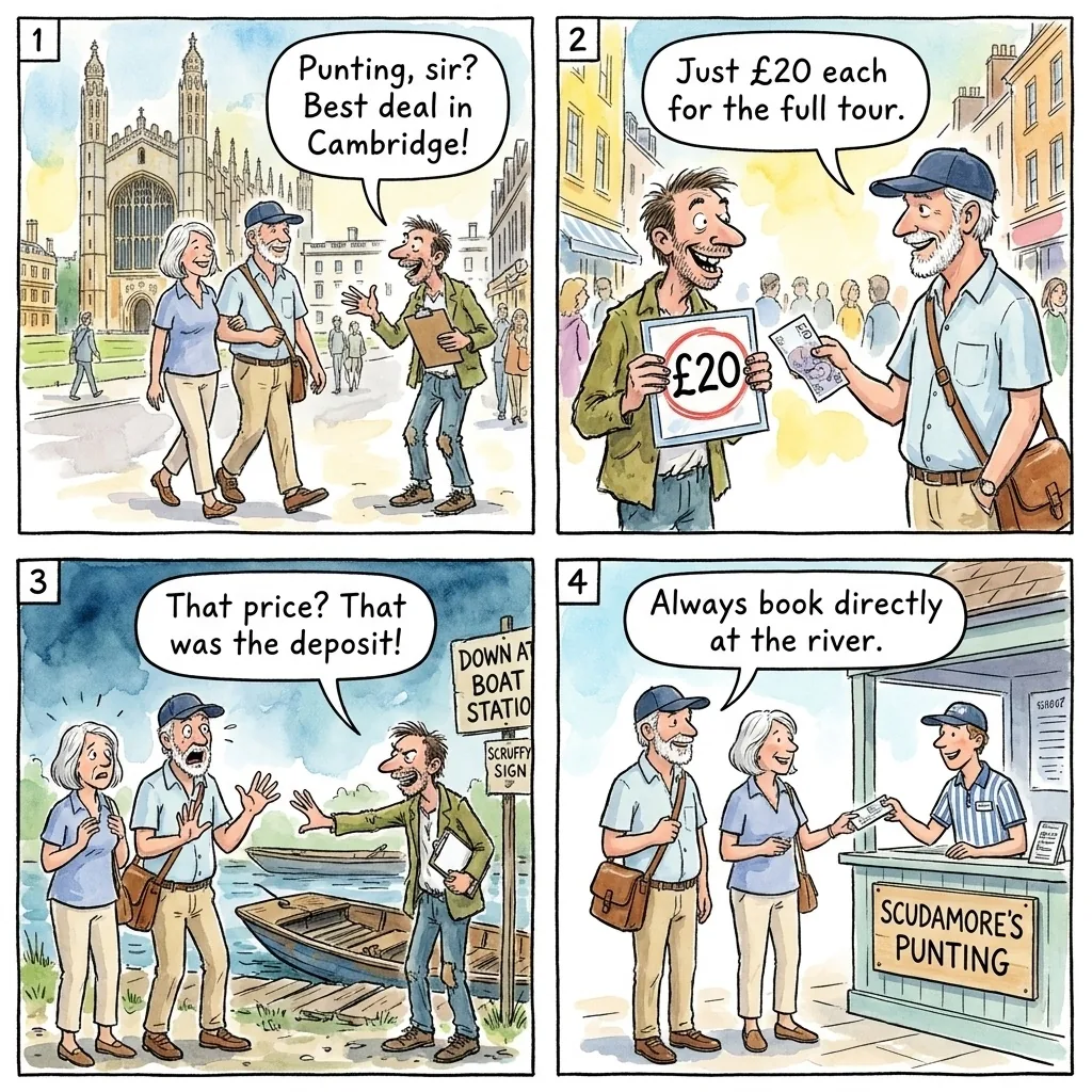 Cambridge Punt-Tout Harassment at Magdalene Bridge & King's Parade — comic illustration