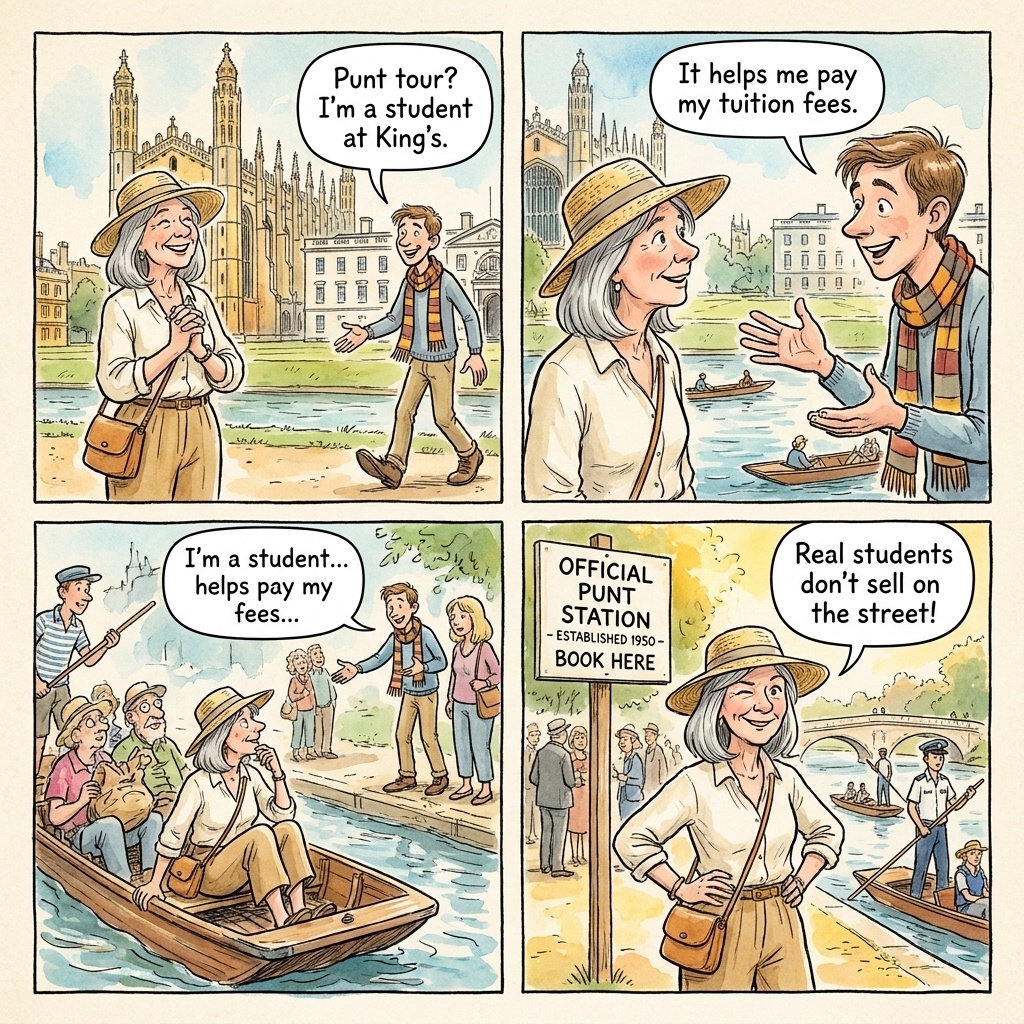 'Fake Student' Punting Guide Misrepresentation — comic illustration