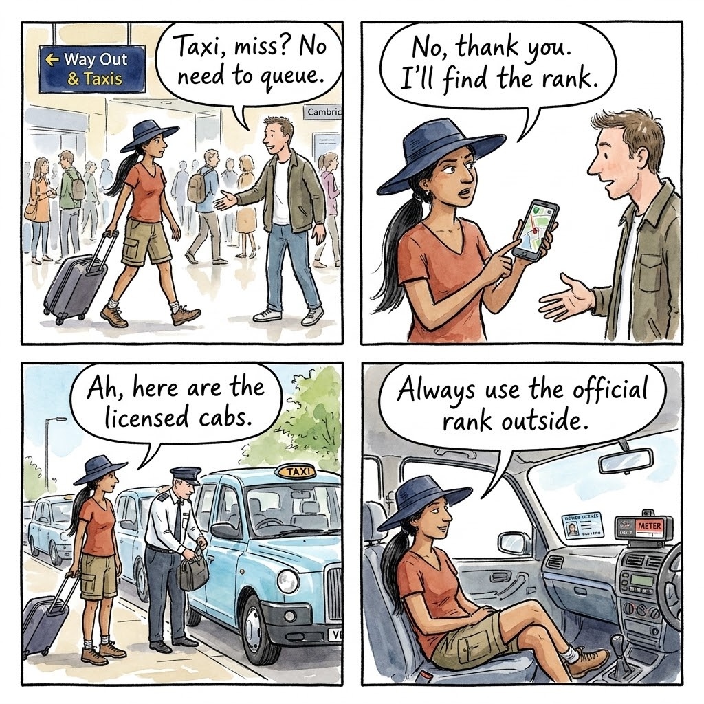 Cambridge Railway Station Taxi Rank & Unlicensed Private-Hire — comic illustration