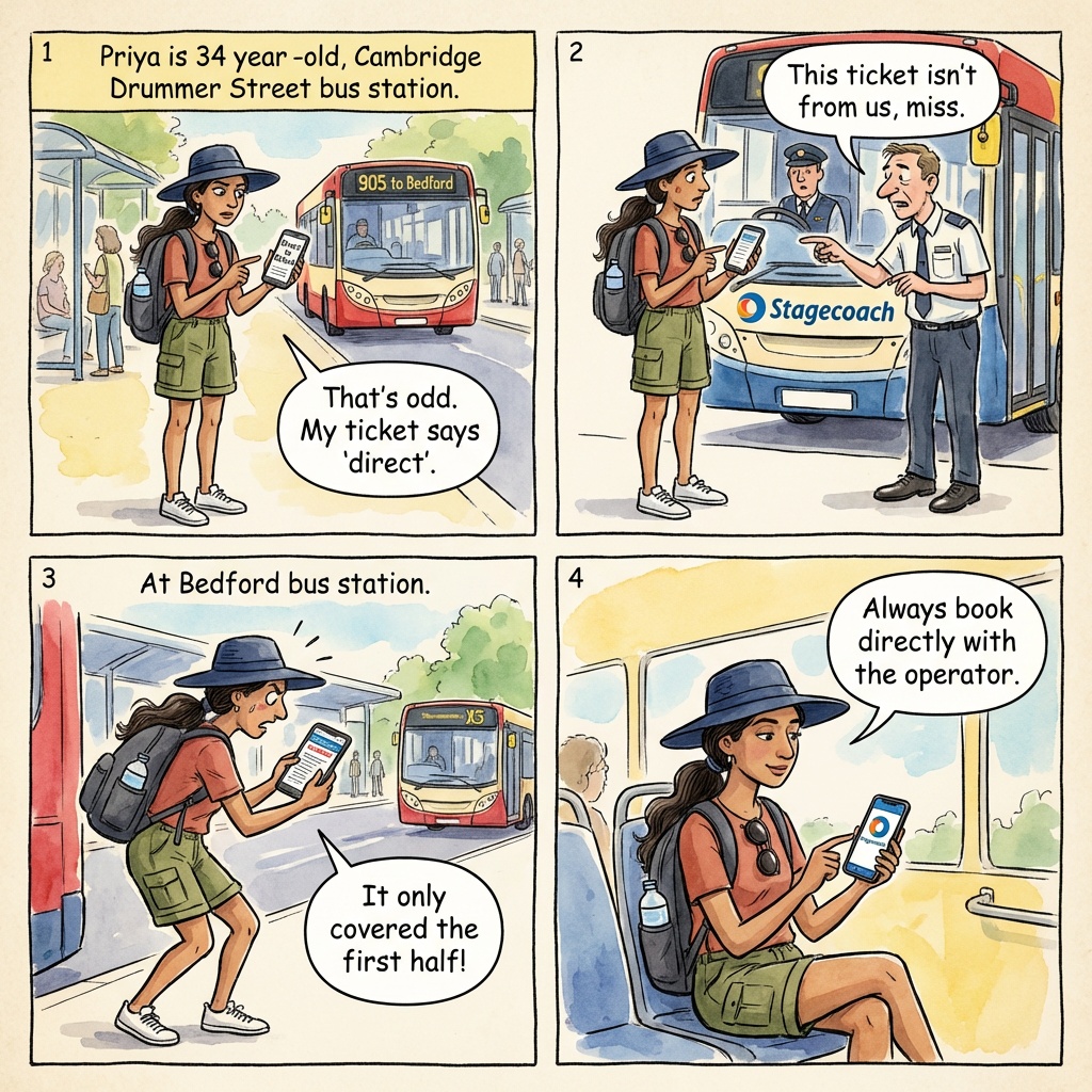 Cambridge-Oxford Direct Bus / X5 Reseller Confusion — comic illustration