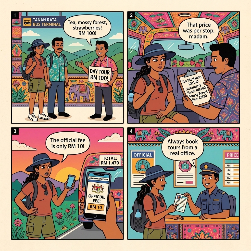 Tanah Rata Tour-Van 'RM 1,470 Day-Trip' Overcharge — comic illustration